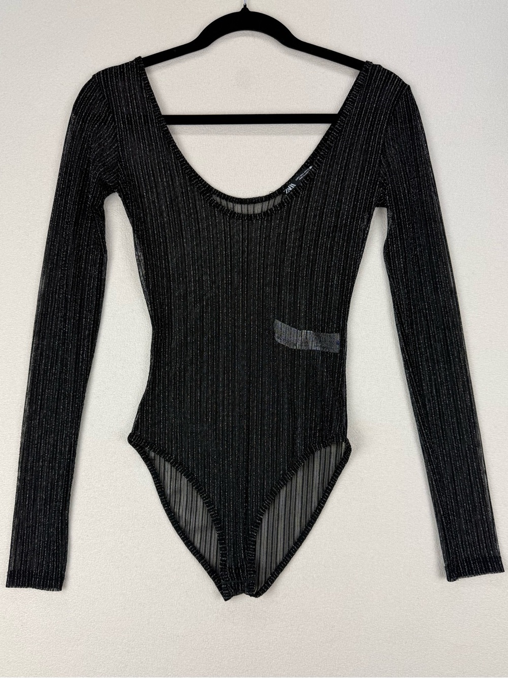 Zara Sheer Sparkly Black Ribbed Bodysuit Scoop-Neck Long-Sleeve